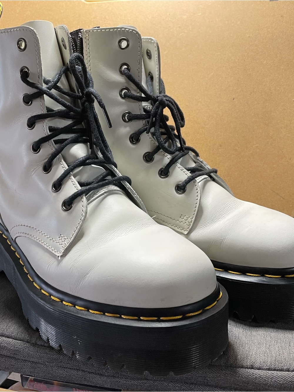 Dr. Martens White Platform Lace-Up Zip Side Combat Boots with Black Laces